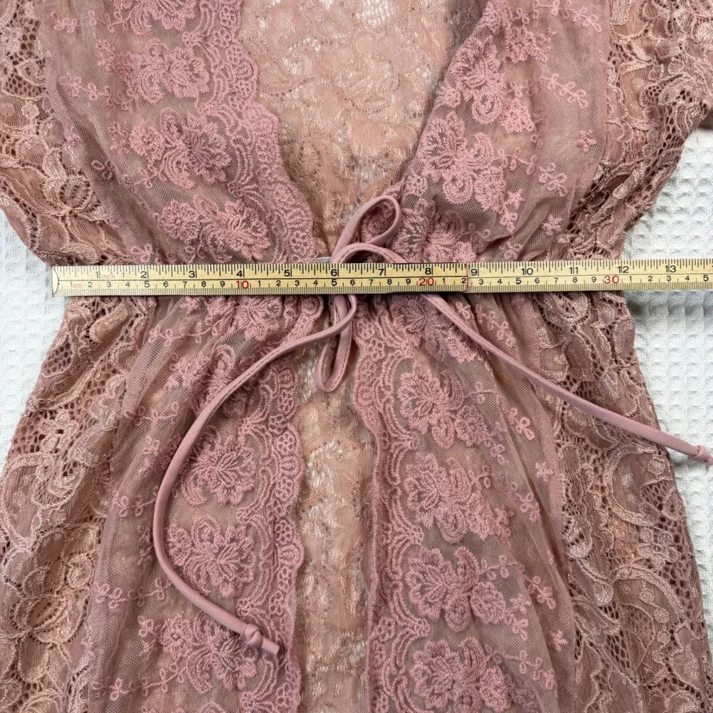 Charlotte Russe Pink Floral Lace Kimono Cardigan Sheer Tie Waist‎ High Low Small